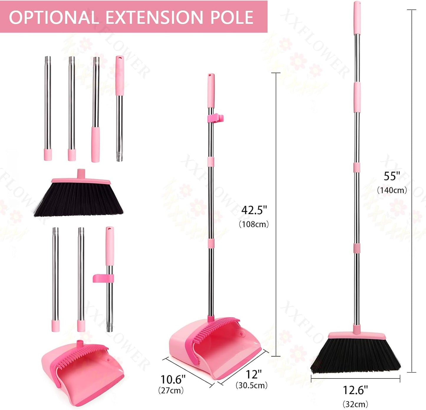 Broom and Dustpan Set, Dustpans with Broom Combo for Home, Heavy Dust Broom and Dustpan Combo, Long Handle Dust Pan and Broom Set for Kitchen, Office, Pet Hair,Beige, Pack of 1