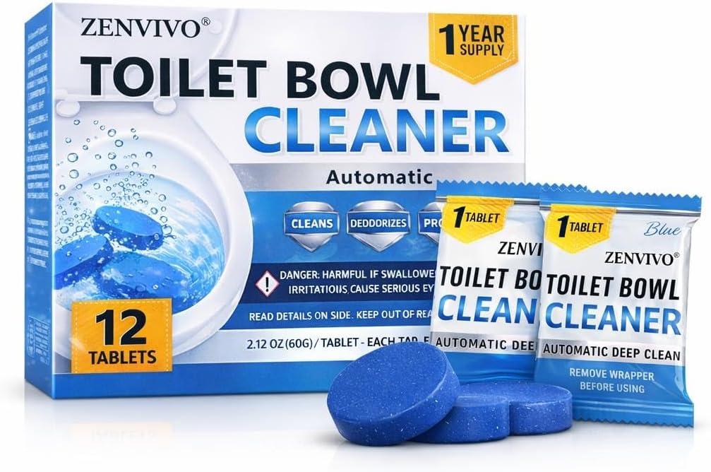 ZENVIVIO Automatic Toilet Bowl Cleaner Tablets, Blue Gel Toilet Tank Cleaners, Septic-Safe Hard Water Ring Stain Remover, Heavy Duty Toilet Deodorizer & Smell Eliminator, Fresh Scent