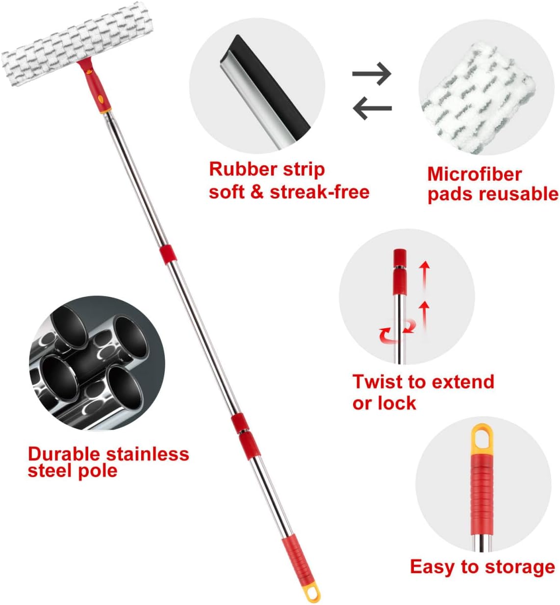 Window Washing Kit with Extension Pole, 10" Squeegee & 11" Microfiber Scrubber Combi with Stainless Steel Pole, Window Cleaner for Car, Sliding Door,Shower Glass Door-Swivel Style-2 Pads