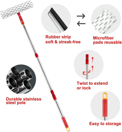 Window Washing Kit with Extension Pole, 10" Squeegee & 11" Microfiber Scrubber Combi with Stainless Steel Pole, Window Cleaner for Car, Sliding Door,Shower Glass Door-Swivel Style-2 Pads
