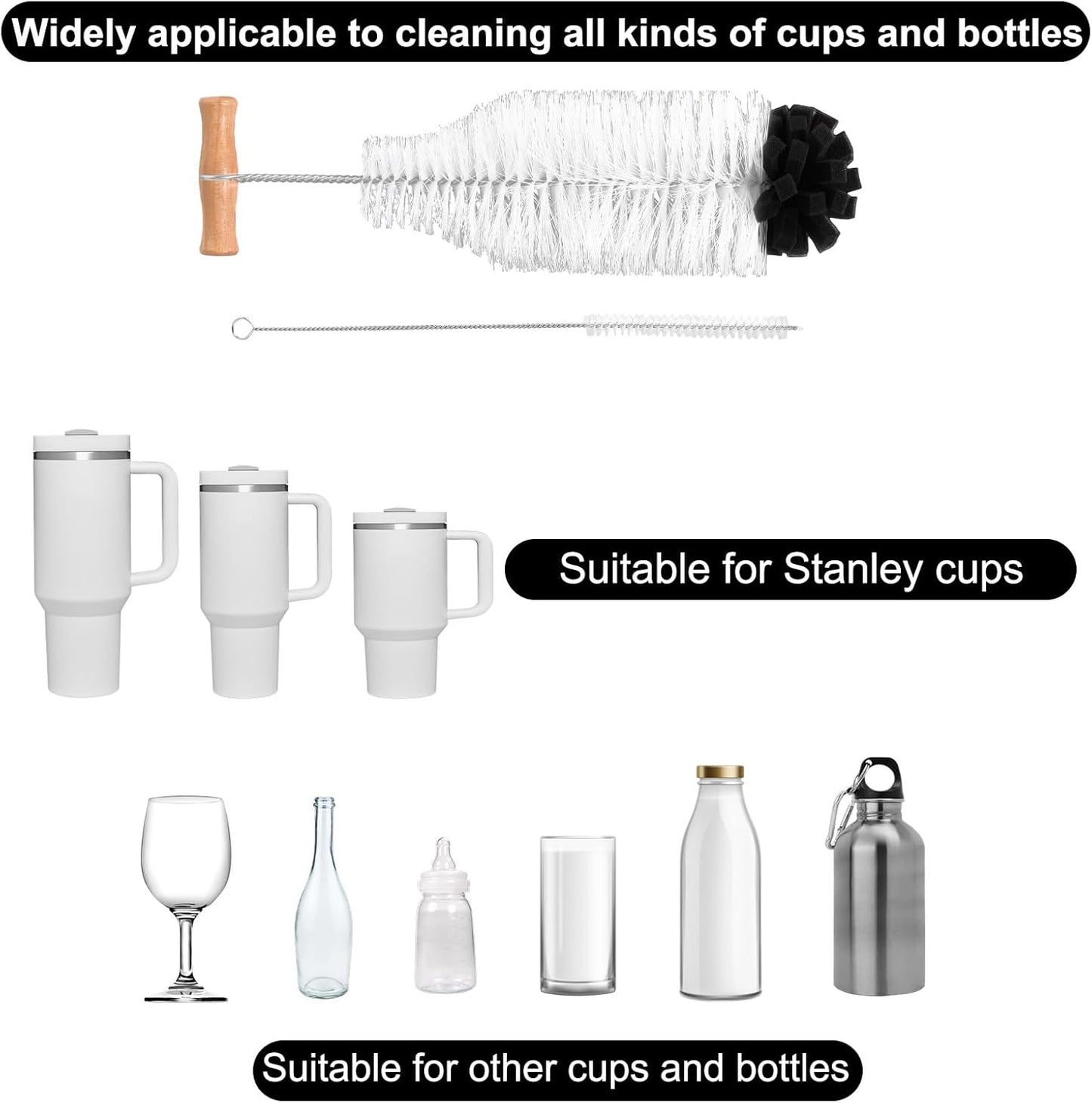 2pcs Water Bottle Cleaning Brush Set, Long Wooden Handle Brush with Straw Cleaner Water Bottle Cleaning Kit for Stanley Cup Tumblers Travel Mugs & Other Bottles