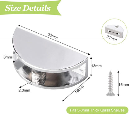 8Pcs Adjustable Half Round Glass Shelf Brackets 201 Stainless Steel Glass Clamp Clips Wall Mounted Brushed Shelf Holder Supports Mounting Brace for 3-8mm Thick Glasses