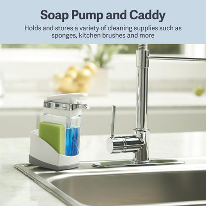 Casabella Sink Sider Solo Kitchen Soap Pump and Sponge Caddy, Black/Chrome - 2-in-1 Soap and Sponge Caddy, One-Hand Soap Dispensing, Ergonomic Design, Easy to Refill and Clean, Efficient Size