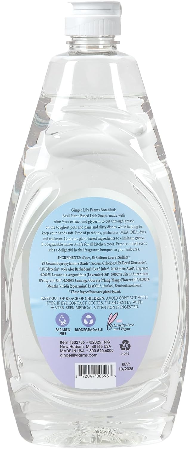 Ginger Lily Farms Botanicals Plant-Based Liquid Dish Soap, Concentrated Formula with Max Grease Cleaning Power, Cruelty-Free, Fragrance-Free, 1 Gallon Refill (128 Fl. Oz.), Clear