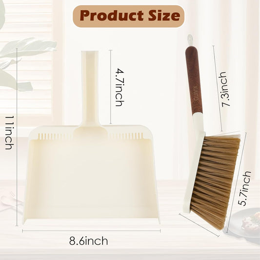 Hand Broom and Dustpan Set,Portable Small Dustpan and Brush Set with Sapele Wood Handle,Teeth Design,Compact Hangable Broom with Dustpan for Cleaning Desktops Kitchen Sofa Pet Hair,Beige