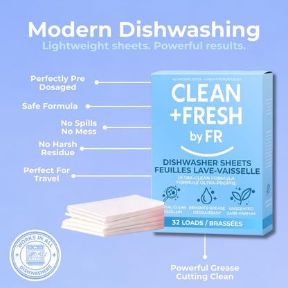 Dishwasher Detergent Sheets – Dishwasher Detergent Pods & Tabs Alternative – Clean + Fresh – 32 Loads – Ultra Concentrated, Quick Dissolve, Plastic-Free, Powerful Grease & Stain Removal, Unscented