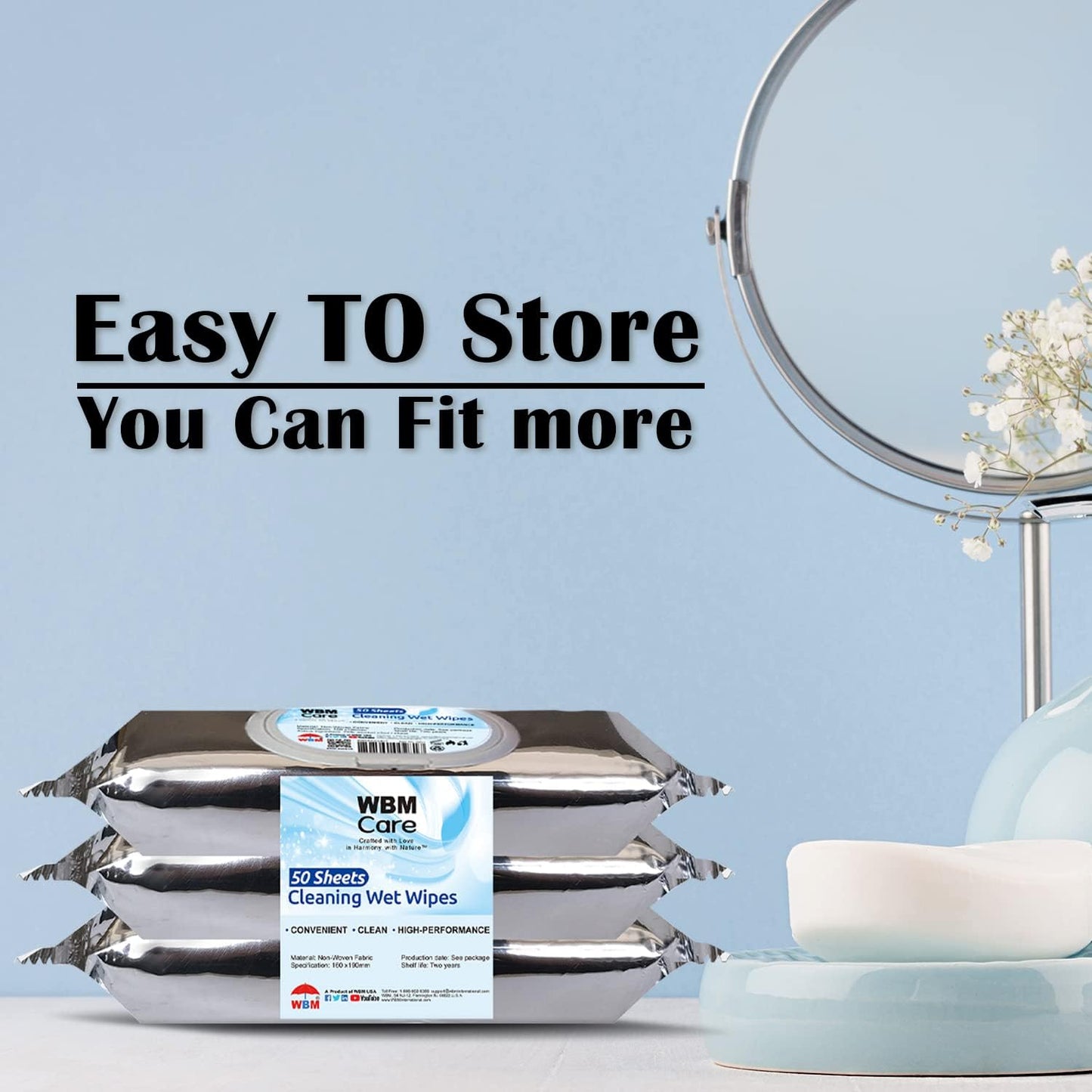 WBM Care Cleaning Wipes, Thick & Strong for Easy Cleaning, Flip Top Dispenser, Unscented and Convenient, For all Types of Surfaces, Wet Wipes, 50 Sheets (Pack of 3) (8251A-3PCS)