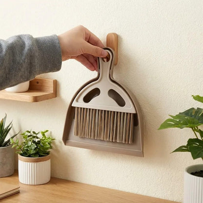 Mini Broom and Dustpan Set, Small Handheld Broom and Dustpan for Desk, Clip-On Hand Brush for Keyboard, Car Interior, Countertop, and Cat Litter Cleaning, Brown