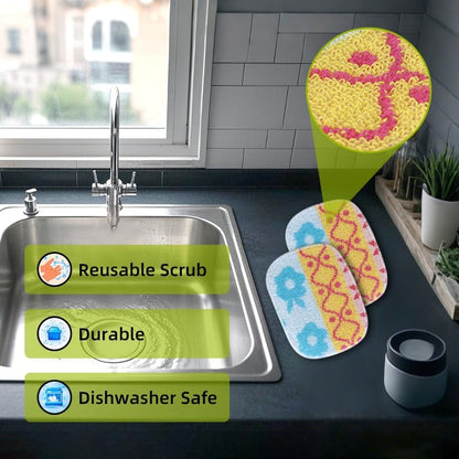 Amarelle GEN II Dish Washing Scrubbers (3-Pack), Made in Green Kitchen Scrubbers for Dishes, Non Scratch Pot & Pan Scrubber, Dual-Sided Heavy-Duty Scouring Pads, Reusable (Nordic Folk)