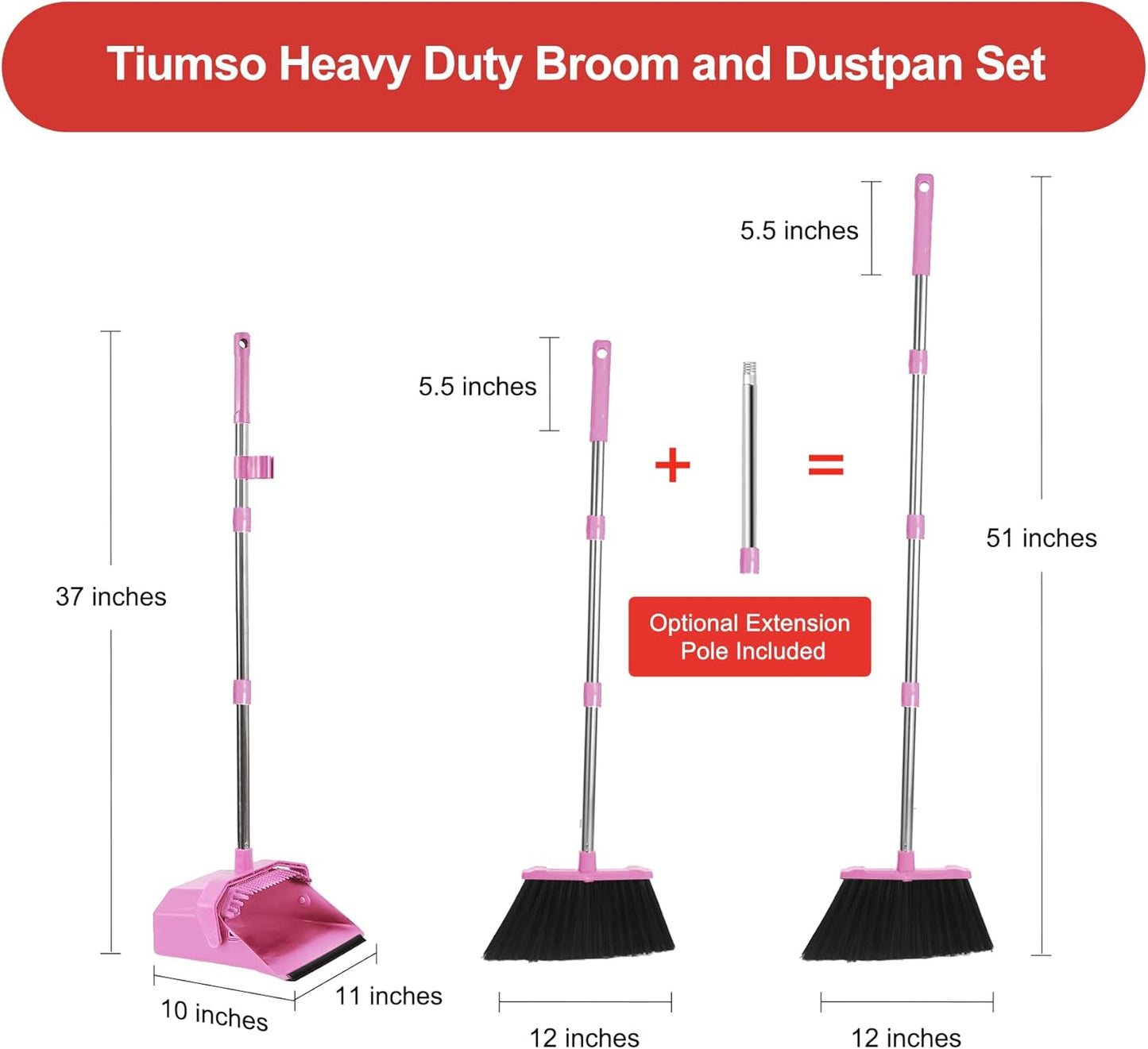 Tiumso Upgrade Broom and Dustpan Set, Broom with Dustpan Combo Sets, Large Brooms and Dust Pan with Handle, Self-Cleaning Dust Pans, Heavy Duty Broom and Dustpans Set for Lobby Kitchen Office - Green