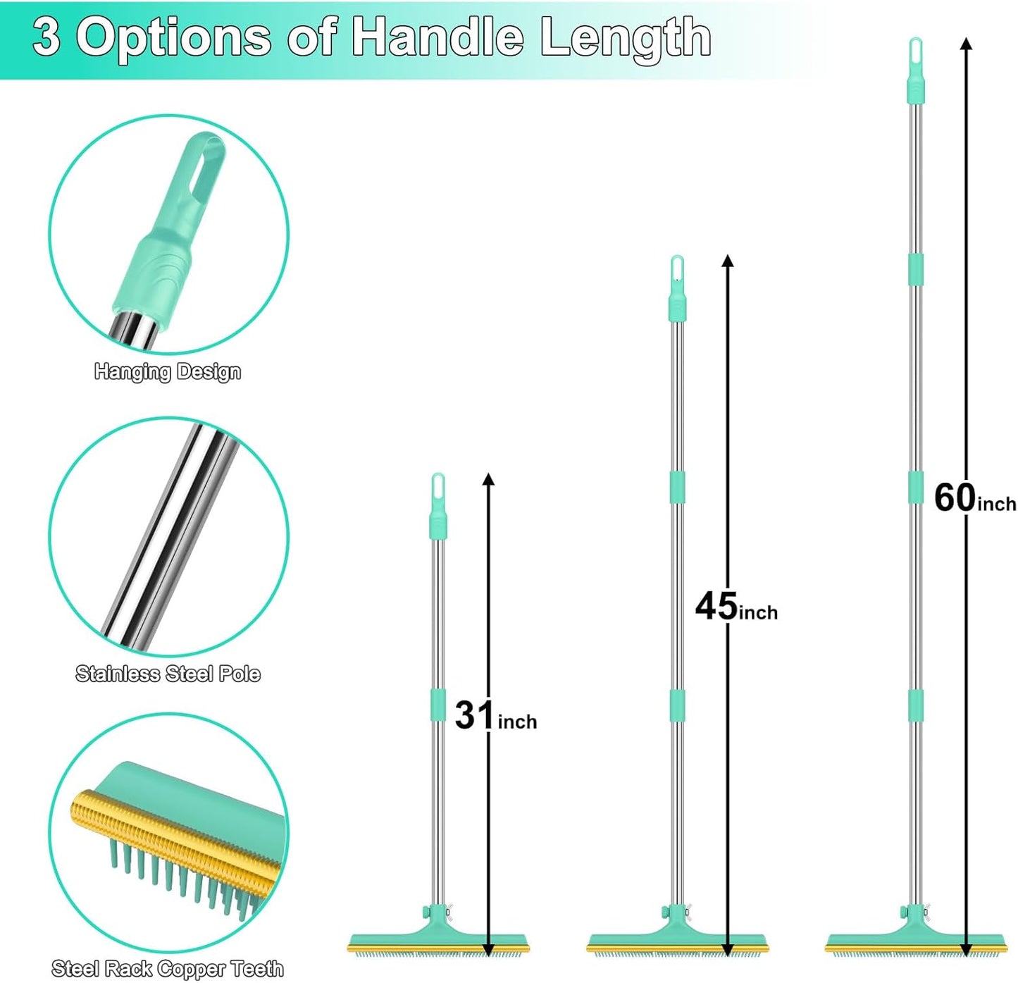 3 in 1 Carpet Rake for Pet Hair Removal, Reusable Pet Hair Remover Broom, 60'' Adjustable Long Handle Dog and Cat Hair Remover Tool Set of 3, Lint Remover Scraper for Carpets, Rugs, Mats, Couch, Car