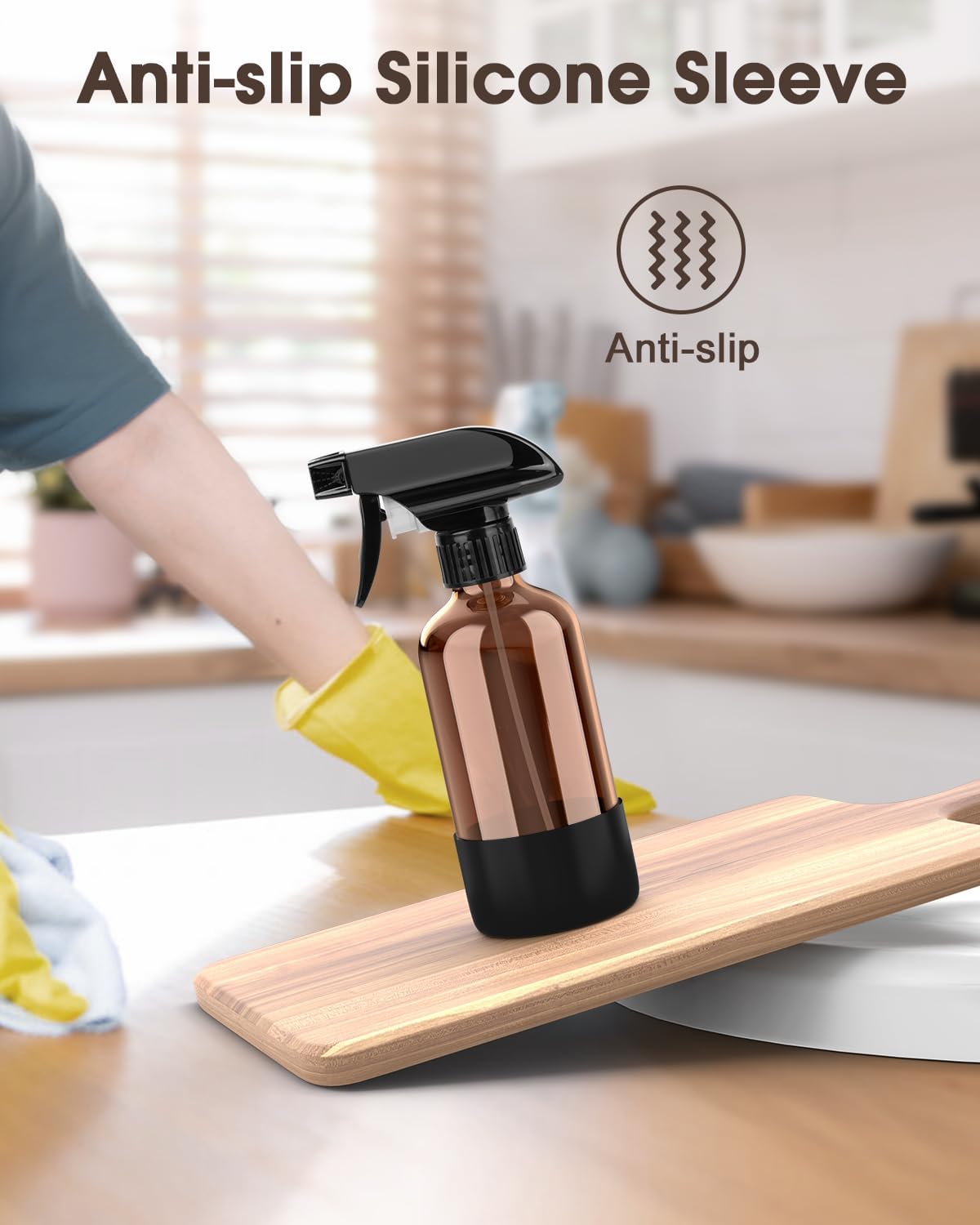 Bontip Glass Spray Bottle with Silicone Sleeve Protection, Amber Glass Spray Bottle Set for Window Cleaner Aromatherapy Facial Hydration Watering Flowers Hair Care 2 Pack/16 oz (Black & Brown)