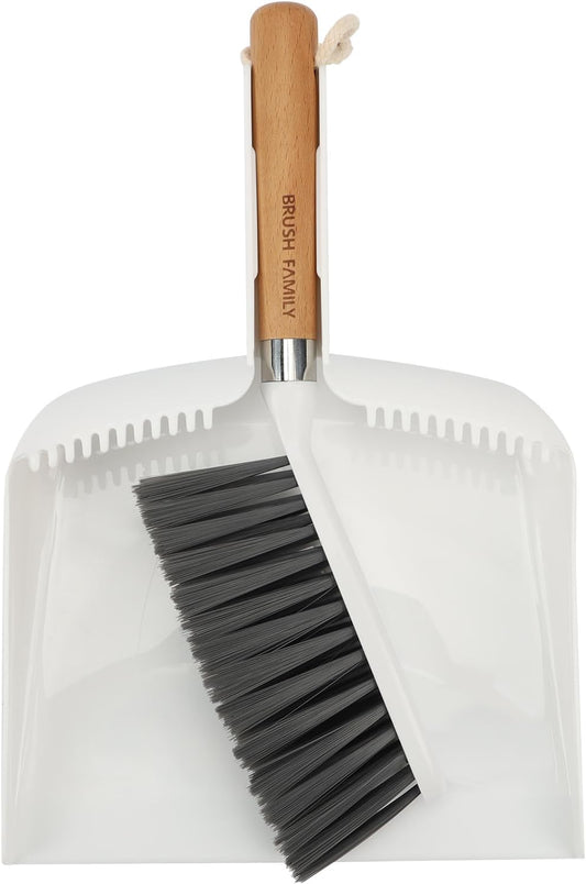 Small Broom and Dustpan Set, Multipurpose Dustpan and Brush Set with Wood Handle Teeth,13 x 8.7 inch, Hangable Portable Cleaning for Kitchen, Desktops, Bedroom, Pet Care, Camping, White,1 Set