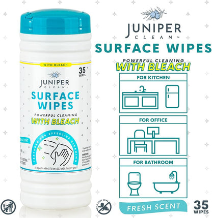 Juniper CLEAN 3 Pack Surface Cleaning Wipes with Bleach, All-Purpose Cleaner for Bathroom, Kitchen, Office, 216 Count Soft Flow, Fresh Scent, Lint Free & Durable