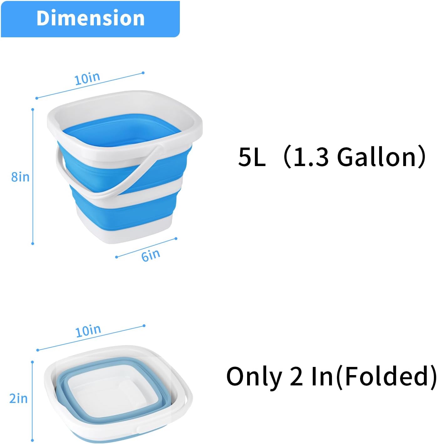 Collapsible Bucket, 5L 1.3Gallon Small Cleaning Mop Buckets for Household Outdoor Car Washing Tub Plastic Foldable Portable Camping Beach Sand Water Pot Pail Space Saving Square