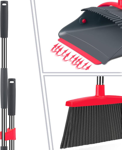 Ivandar Broom and Dustpan Set for Home, Broom and Dustpan Combo for Office, Long Handle Broom with Upright Standing Dust pan,Indoor&Outdoor Sweeping (Gray&Orange)