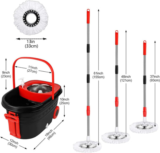Spin Mop and Bucket with Wringer Set,for Floor Cleaning,with Floor Scrub Brush,61" Adjustable Handle and 6 Microfiber Mop Head(White)