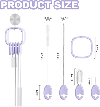 YOTIME 4in1 Straw Cleaner Brush Set, Reusable Standing Straw Brushs with Holder Ring, for Wide and Narrow Straws, Tumblers, Water Bottles and Cups, Pink