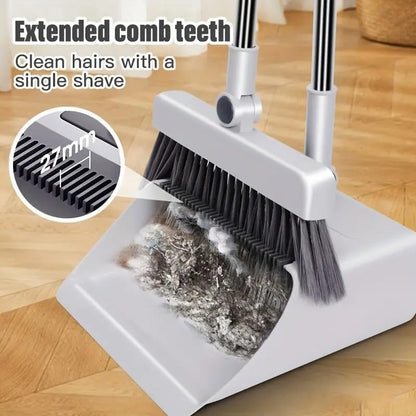 Broom with Dustpan Combo Set, 3 in 1 for Sweeping Indoor and Push Broom Outdoor with Dust Pan, 14.2 to 48.8 inch Adjustable Long Handle Broom and Dustpan Set (White)