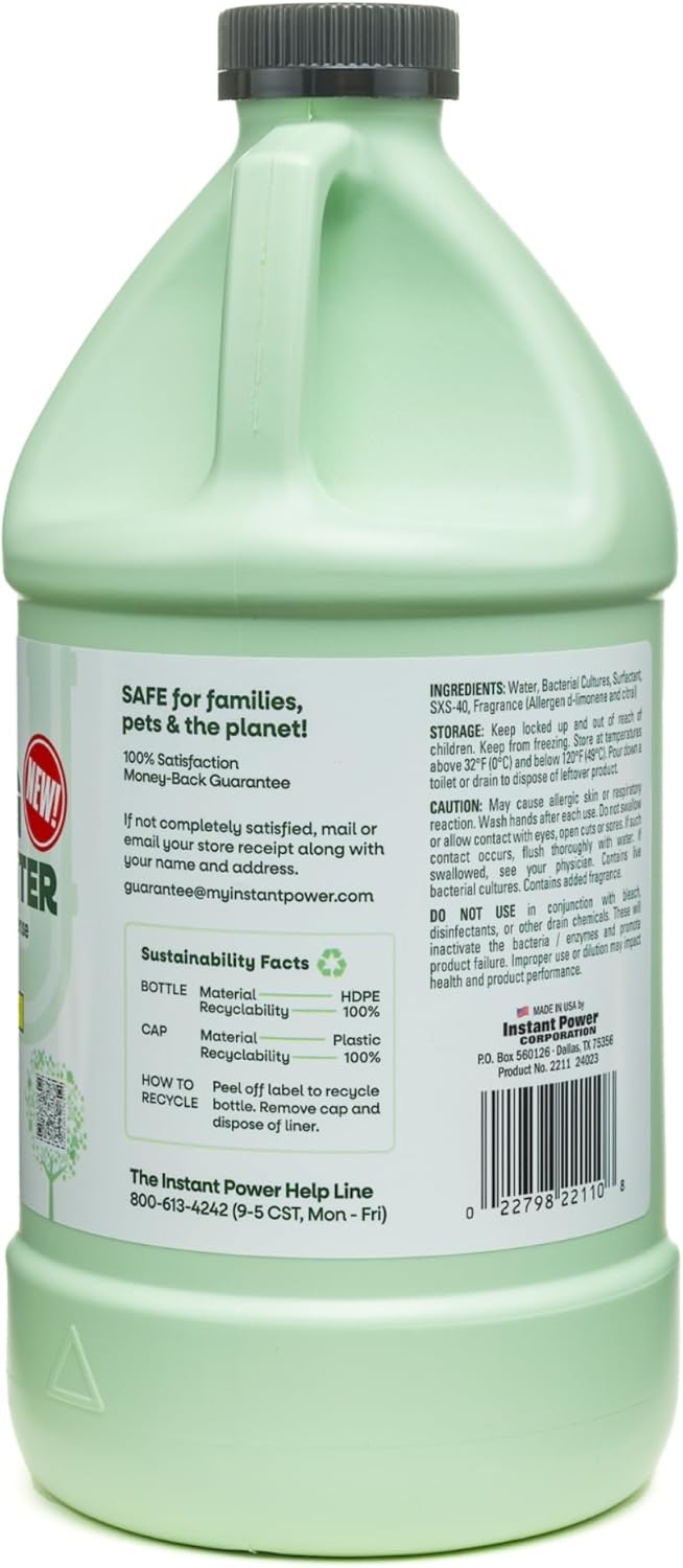 Instant Power Eco Clog Preventer - Enzyme Drain Cleaner Liquid and Deodorizer for Sink, Shower, Toilet, Garbage Disposal Cleaner, Bio-Based Drain Defense, Smell Remover and Odor Eliminator - 32 fl oz