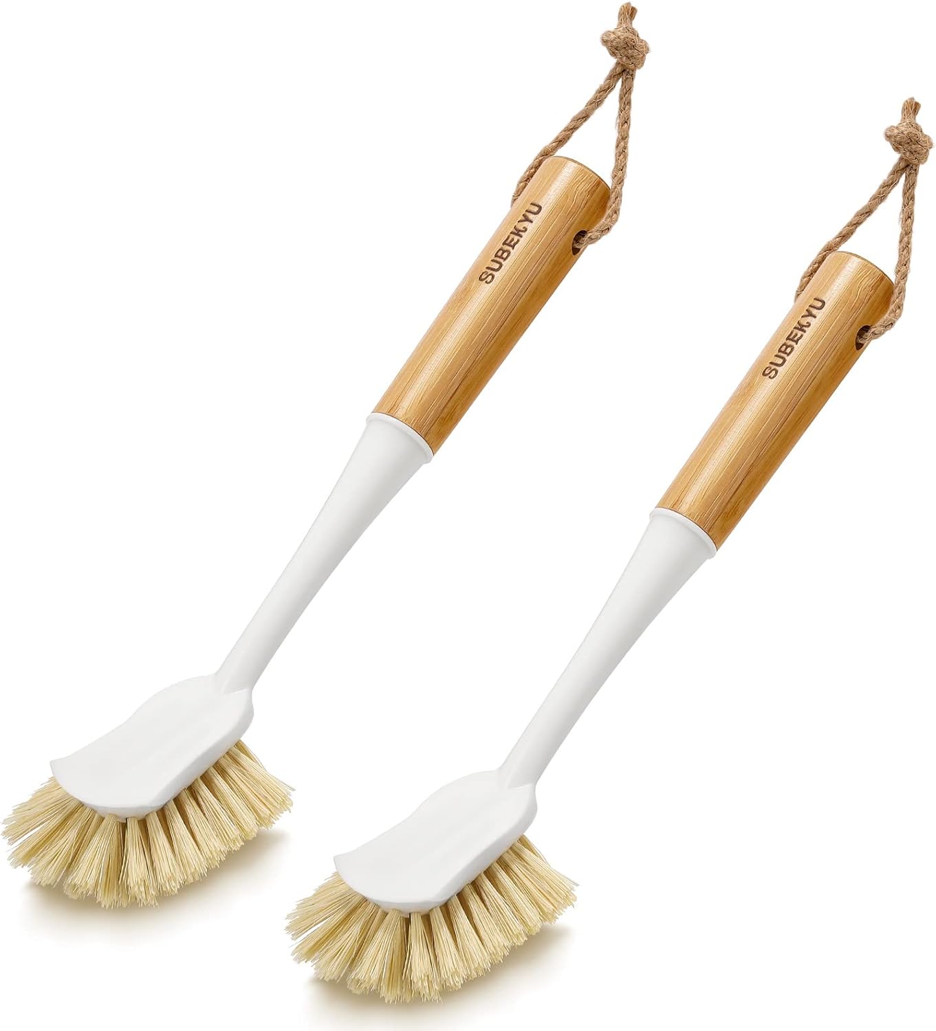 SUBEKYU Dish Brush with Handle, Natural Bamboo Dish Scrubber Brush, Kitchen Dishwashing Brush for Cleaning Dishes/Pans/Pots/Sinks, Sisal Bristles, 2P
