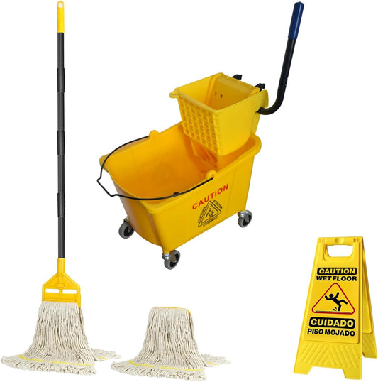 KULED Commercial Mop Bucket with Side Press Wringer, Including Wet Floor Caution Sign and One Industrial Mop with 2 Mop Heads, for Floor Cleaning and Mopping, 38 Quart, Yellow