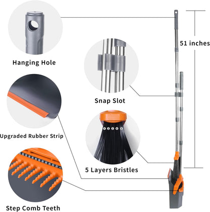 Tiumso Upgrade Broom with Dustpan Combo Set, Broom and Dustpan Set with 51'' Long Handle, Dust Pan and Brooms, ZeroGap Lip, Self-Cleaning Dustpans Teeth for Lobby Kitchen Restaurant - Black and Red