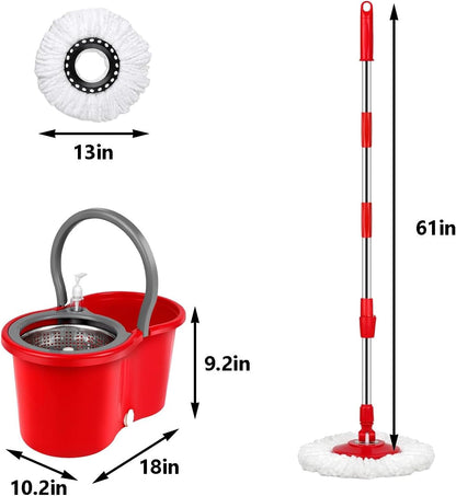Spin Mop and Bucket with Wringer Set,for Floor Cleaning,with Floor Scrub Brush,61" Adjustable Handle and 6 Microfiber Mop Head(White)