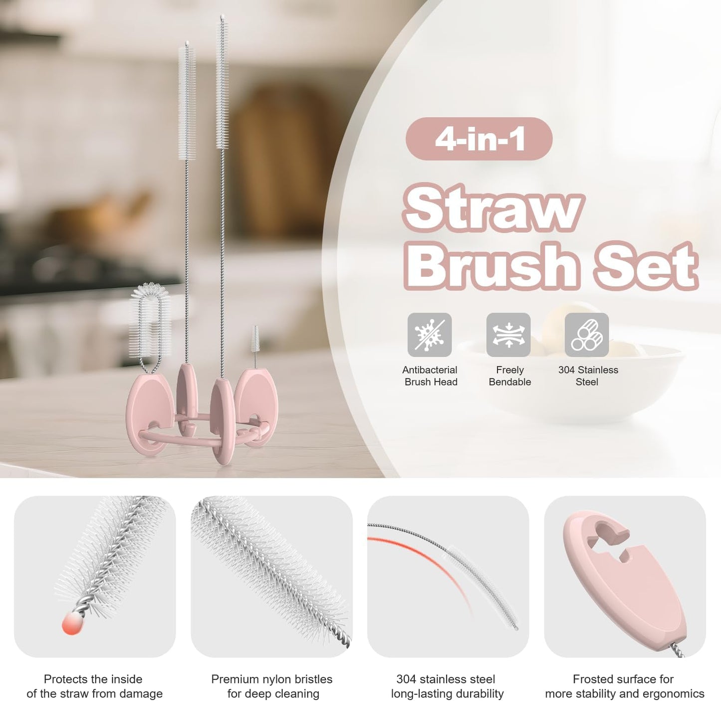 YOTIME 4in1 Straw Cleaner Brush Set, Reusable Standing Straw Brushs with Holder Ring, for Wide and Narrow Straws, Tumblers, Water Bottles and Cups, Pink
