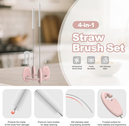 YOTIME 4in1 Straw Cleaner Brush Set, Reusable Standing Straw Brushs with Holder Ring, for Wide and Narrow Straws, Tumblers, Water Bottles and Cups, Pink