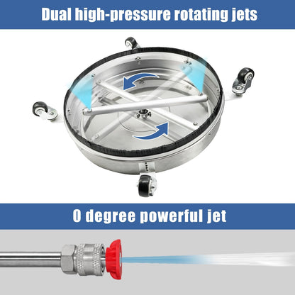JANZ 30'' Pressure Washer Surface Cleaner with 4 Wheels,Dual Handle,Stainless Steel Housing, 2 Hose Adapters and 4 Replacement Nozzle Cores,Ideal for Driveways, Sidewalks,Patios,Decks Cleaning
