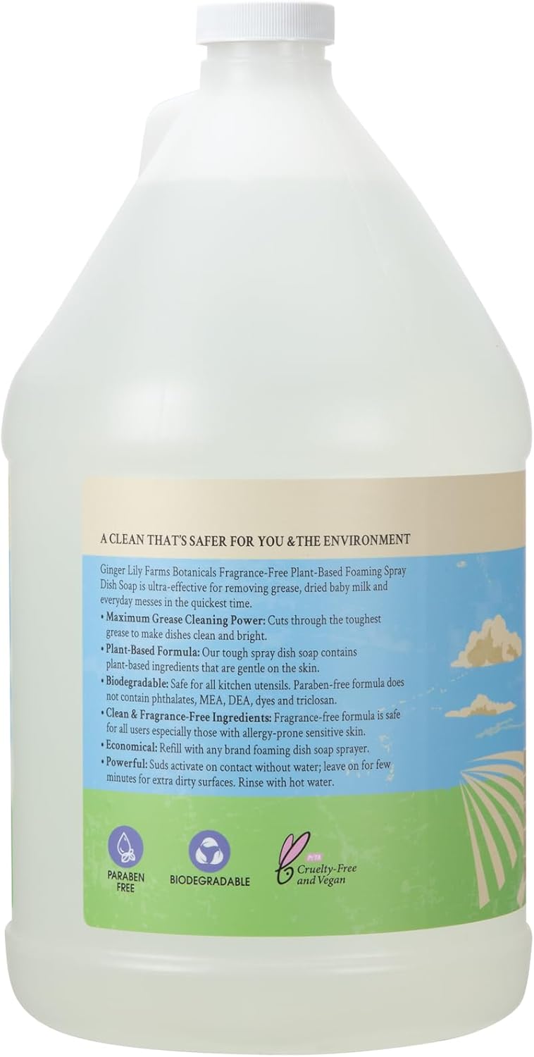 Ginger Lily Farms Botanicals Plant-Based Foaming Spray Dish Soap, Concentrated Formula with Max Grease Cleaning Power, Cruelty-Free, Lavender Chamomile Scent, 1 Gallon Refill (128 Fl Oz)