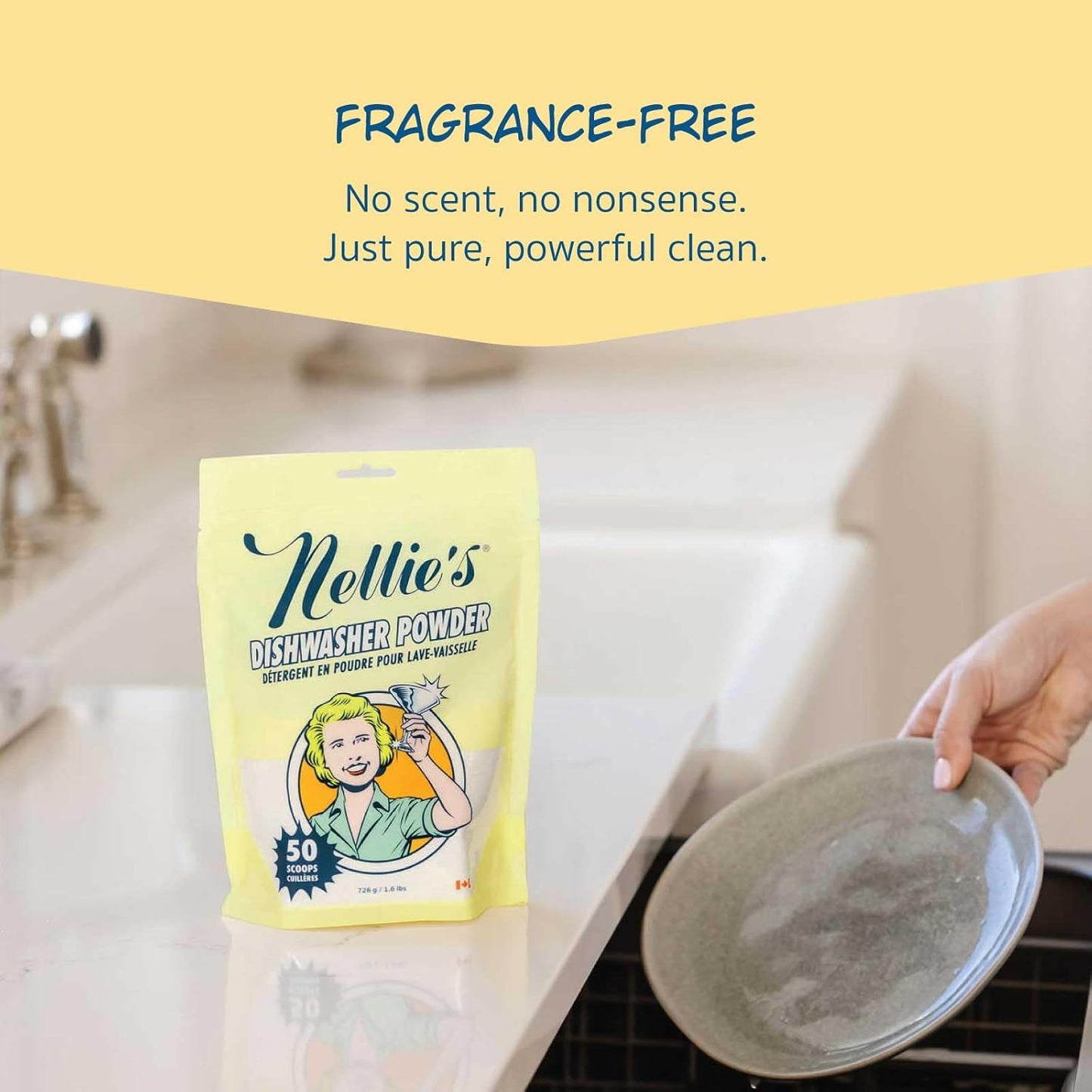 Nellie's Dishwasher Powder - 50 Load - Plant-Based Dishwasher Detergent - Septic Safe, Fragrance-Free - Easily Penetrates Grease & Food Particles - Phosphate-Free - (Made in Canada)