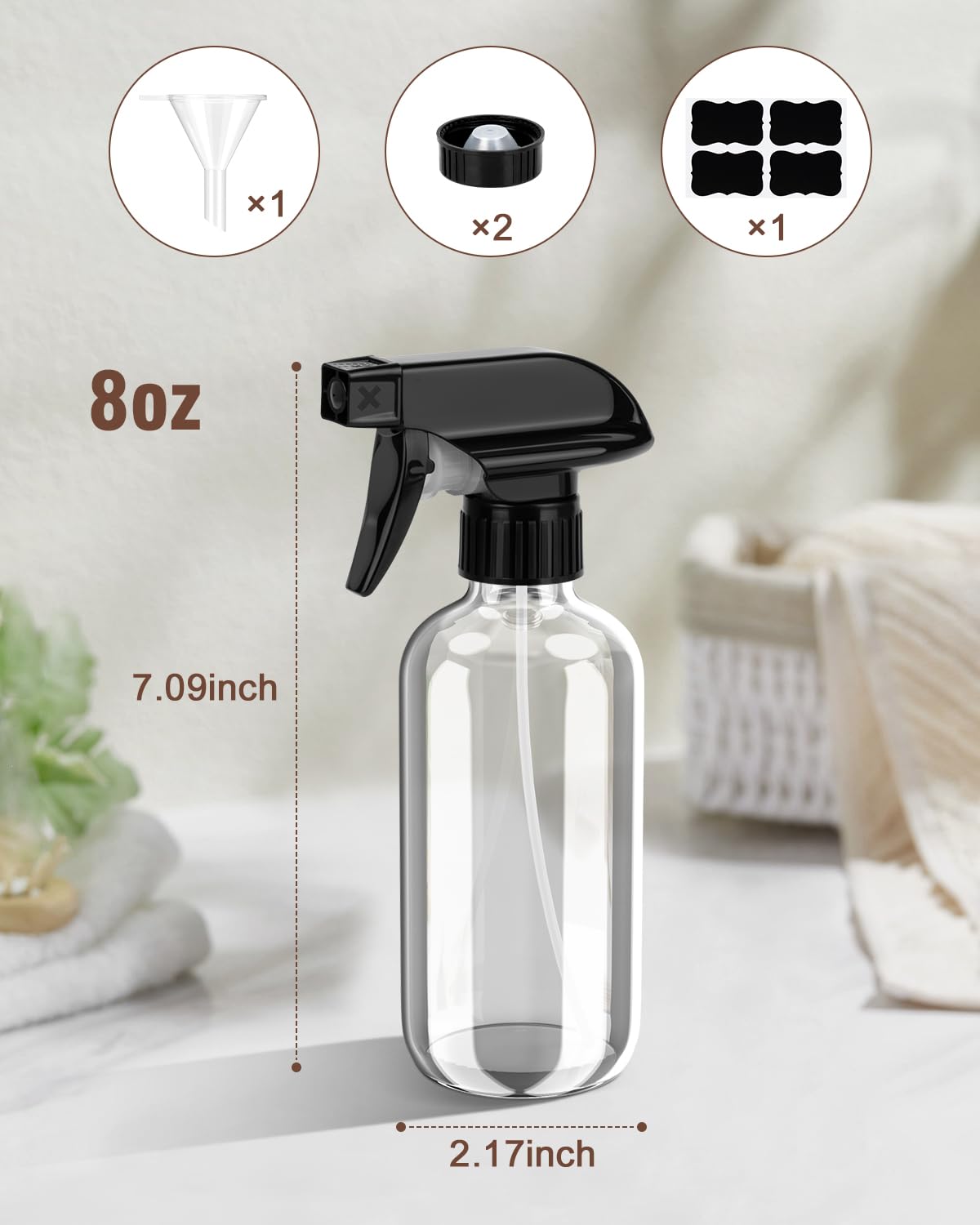 Bontip Glass Spray Bottle, Amber Glass Spray Bottle Set & Accessories Refillable for Plants Window Cleaners Aromatherapy Facial Hydration Watering Flowers Hair Care (2 Pack/16 oz) (Amber)
