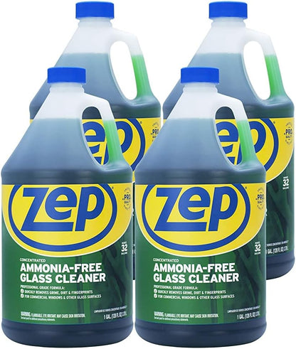 Zep Ammonia Free Glass Cleaner Concentrate - 1 Gallon (Case of 4) ZU1052128 - Professional Grade Formula Removes Dirt, Fingerprints, and Grime from Windows, Mirrors, Acrylic Surfaces, and Tinted Glass