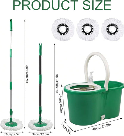 Hand Free Household Mop and Bucket with Wringer Set,Operable 360 ° Rotating Mop Bucket Set with 3 Microfiber Replacement Head and Stainless Steel 56" Extended Handle for Office and Home use(Green)
