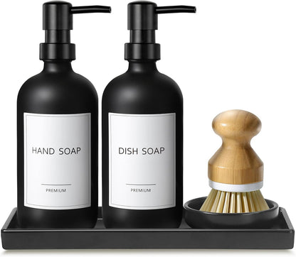 GMISUN Kitchen Soap Dispenser Set, 16 Oz Hand and Dish Soap Dispenser with Ceramic Tray & Bamboo Dish Brush, 2 Pack White Glass Liquid Pump Bottle, Modern Farmhouse Refillable Dish Soap Bottle