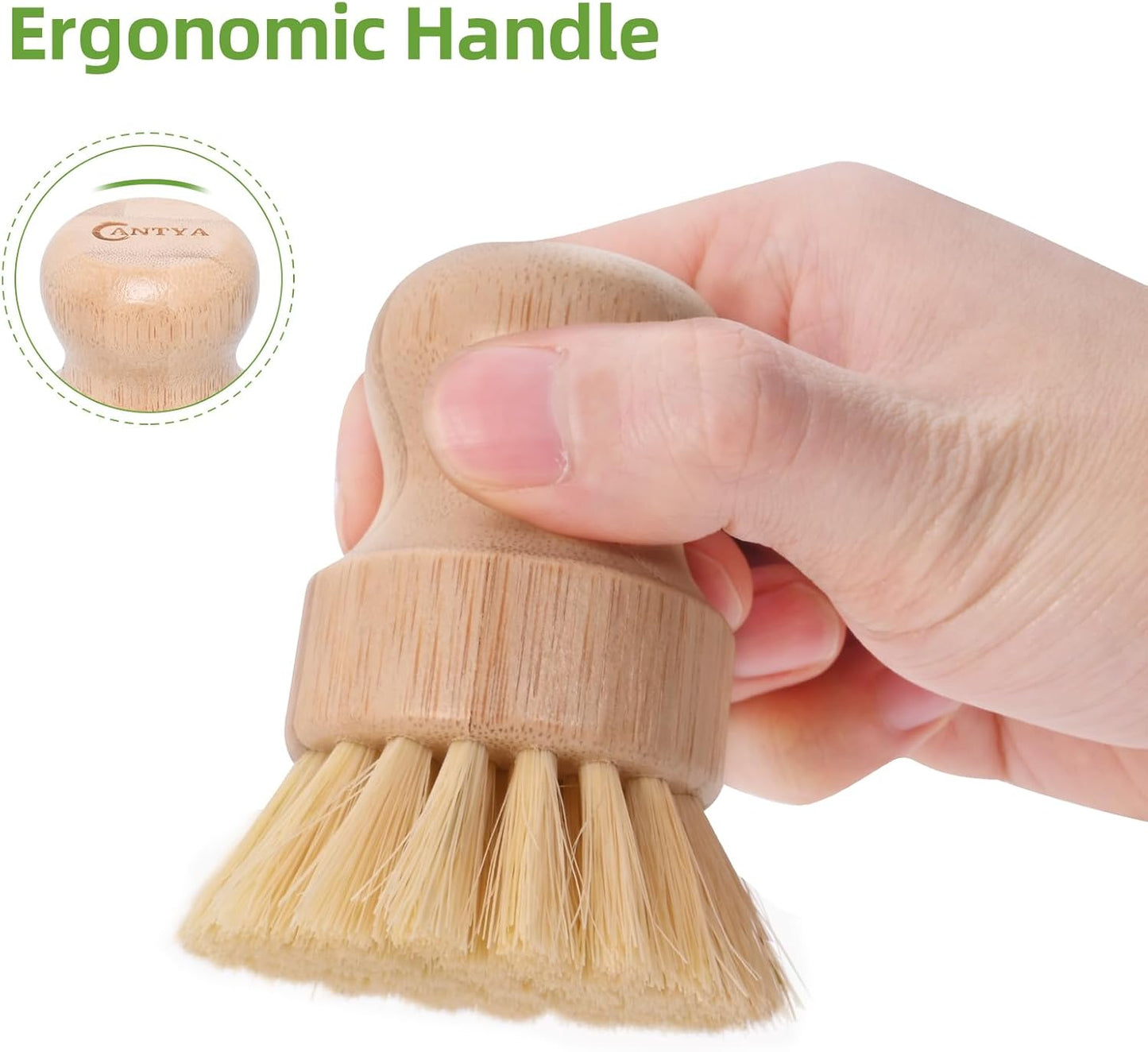 Bamboo Dish Brush with Handle - Soft Bristle, Non Toxic Dish Scrubber Compostable & Sustainable Bamboo Scrub Brush for Dishes, Pots and Pans