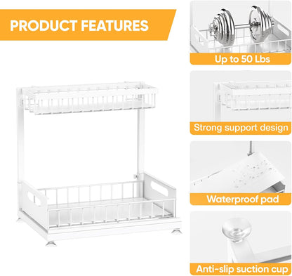 Saydear Under Sink Organizer Storage 2-Tier Premium Metal Pull-Out Kitchen Cabinet Organizer with Sliding Drawer, Height Adjustable, Heavy Duty for Kitchen & Bathroom Organizers 2 Pack Black