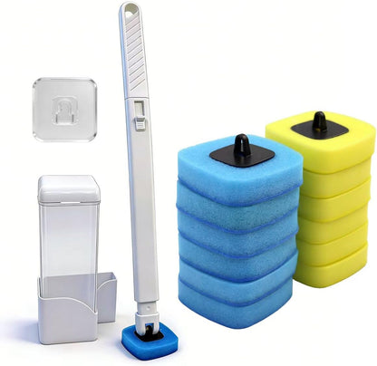 Disposable Toilet Bowl Brush with 12 Refills, Plastic Handle, Blue and Yellow, Dual-Color Sponge Heads, Toilet Cleaning Starter Kit (Yellow Refills)