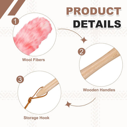 uxcell Wool Duster, 14.2" Natural Feather Cleaner Household Cleaning Duster with Solid Wooden Handle for Cleaning Fans Window Blinds Shelves Furniture, Pink