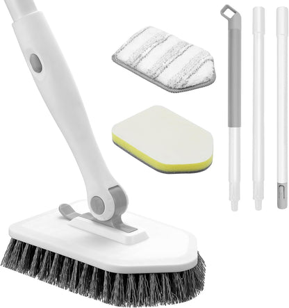 nacena Shower Scrubber with Long Handle, 3 in 1 Tile Tub Scrubber Brush with 3 Detachable Cleaning Heads Adjustable Handle Shower Cleaner Brush for Bathroom, Kitchen, Toilet, Wall, Sink, Blue White