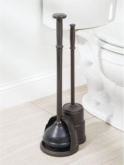 mDesign Plunger and Brush Set for Toilet Bowl - Hidden, Modern Toilet Brush and Plunger Set with Caddy - Brush Cleaner and Plunger Combo with Holder for Bathroom - Hyde Collection - Bronze