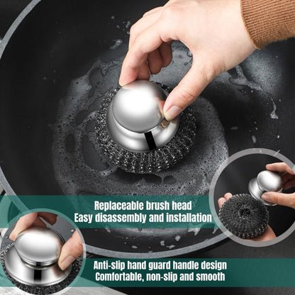 Steel Wool Scrubber with Handle: 7Pcs Stainless Steel Scrubber Brush Set – 1 Long Brushes,1 Short Brushes,4 Replaceable Pads,1 Screwdriver for Home Cooks,BBQ Enthusiasts,Anti-Scratch,for Kitchen