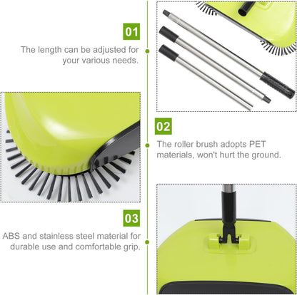 Manual Push Floor Sweeper Broom, Hand Push Sweeper with Enclosed Dustpan Bin, 3‑in‑1 360° Rotating Floor Cleaning Brush Mop Machine Adjustable Handle Vacuum‑Free for Tile Hardwood Carpet Green