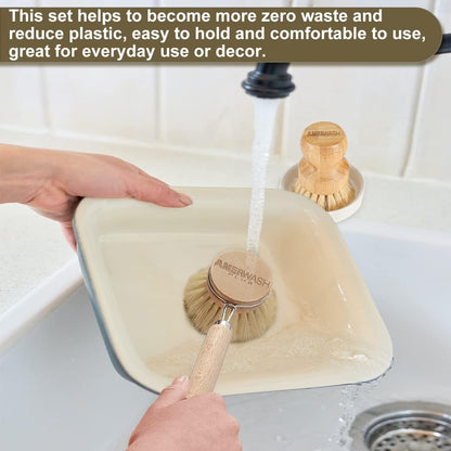 AMERWASH PLUS Dish Brush with Wooden Handle, Natural Kitchen Brush for Dishes Vegetable, Pots and Pans, Tampico Fiber Bristles Scrubber, Extra 3 Pack Replacement Head Included