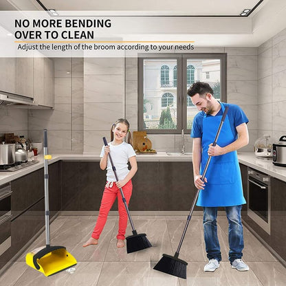 2-Pack is More economical,Brooms with Dustpan Combo Set， with 52" Long Handle, Dustpan Teeth with self-Cleaning Function, Indoor and Outdoor Sweeping, Perfect for Home Office(Large/Yellow /2-Pack)