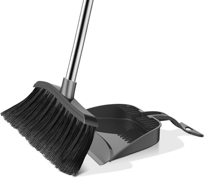 Broom and Step-on Dustpan Set, 59-in Adjustable Long Handle Broom with Dustpan Combo Set Outdoor Angle Broom for Sweeping Indoor Dust Pet Hair for Cleaning Kitchen Garage Deck Patio, Black&Red