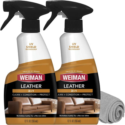 Weiman Leather Cleaner and Conditioner for Furniture - 12 Ounce - 2 Pack - Ultra Violet Protection Help Prevent Cracking or Fading of Leather Couches, Car Seats, Shoes, Purses