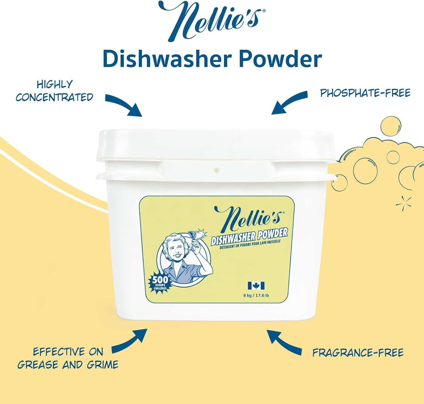Nellie's Dishwasher Powder - 50 Load - Plant-Based Dishwasher Detergent - Septic Safe, Fragrance-Free - Easily Penetrates Grease & Food Particles - Phosphate-Free - (Made in Canada)